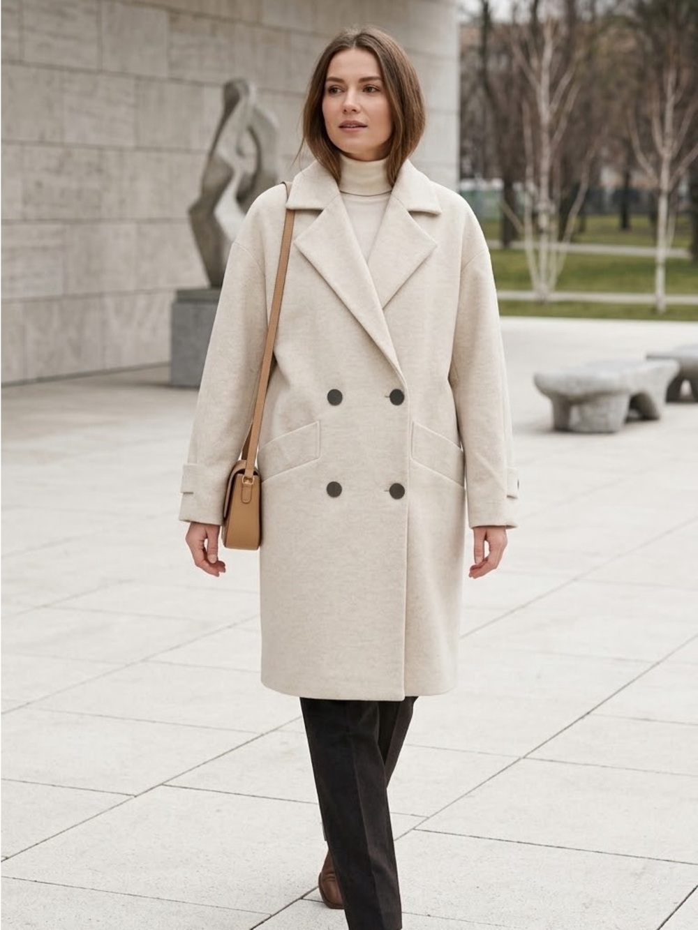 VOVK Light Beige Oversized Double-Breasted Wool Coat